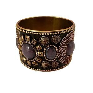 Brass and purple beaded wide bangle bracelet